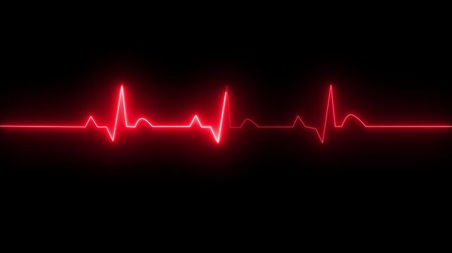 ECG monitor beating heart with a neon electrocardiogram overlay, featuring dynamic HUD elements.Abstract neon heartbeat signal icon animation on black background.
