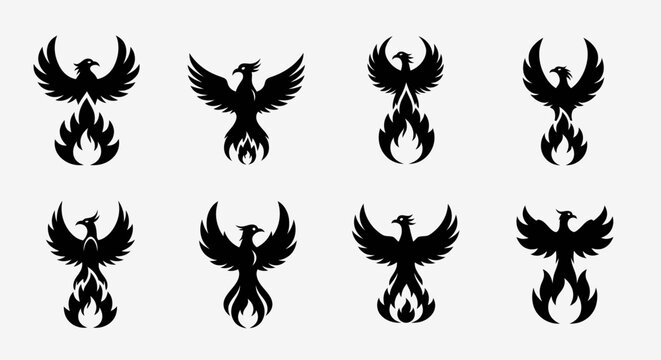 Phoenix Icons Collection: Fiery Mythical Bird Silhouettes in Vector Art