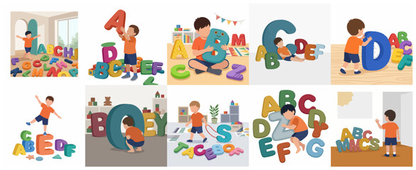 Fototapeta premium Toddler boy playing with large colorful alphabet letters for early childhood education and learning