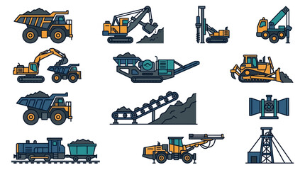 Creative Colorful Set of Heavy Construction and Mining Equipment with Vibrant Orange and Blue Tones © Jibril