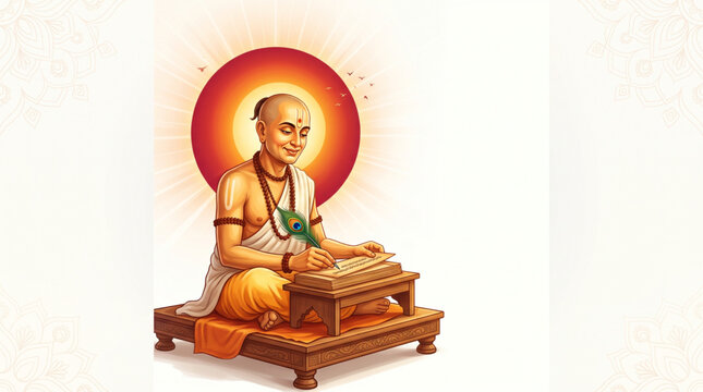 Goswami Tulsidas Writing Sacred Manuscript with Peacock Feather for Jayanti Greeting Card and Banner Design