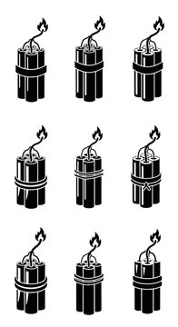 Dynamite Sticks with Burning Fuse, Black and White Vector Icons