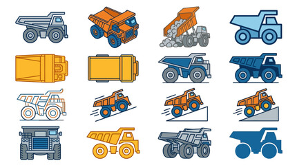 Industrial Set of Diverse Construction and Mining Trucks in Bright Blue Orange and Yellow with high quality professional line art symbols for modern creative design and digital branding projects © Jibril