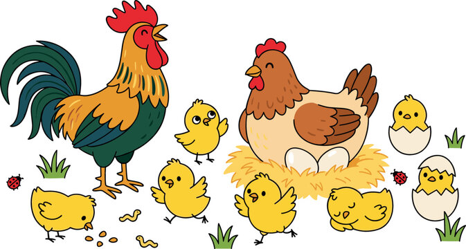 Cute cartoon chicken family vector illustration set with rooster hen nesting on eggs yellow little chicks hatching and farm design elements