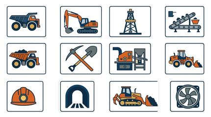 Creative Colorful Set of 12 Mining and Construction Equipment Icons with Tools and Safety Gear with high quality professional line art symbols for modern creative design and digital branding projects © Jibril