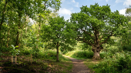 Fototapeta premium Dirt path through a lush forest with large trees, greenery, and a blue sky foliage