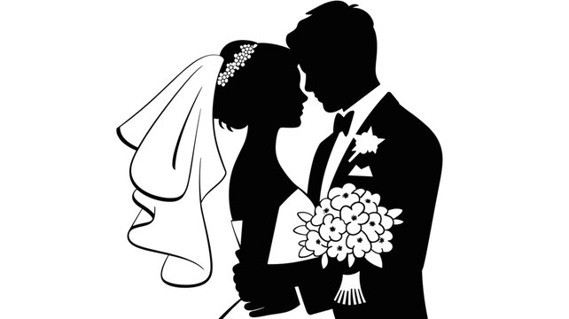 Adobe Illustrator ArtworkNewlywed couple holding bouquet in black and white silhouette portrait