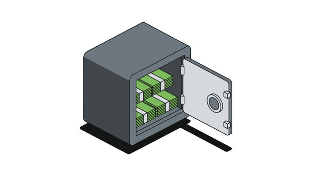 Isometric metal safe deposit box open showing green bundles of cash money bills representing banking and security.
