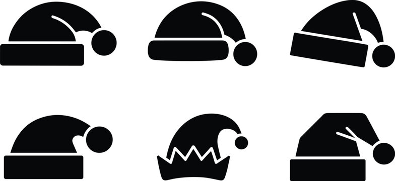 Black silhouette icons of festive holiday hats including Santa and elf variations with pom‑poms and decorative brims, representing Christmas celebration, winter fashion, and seasonal design