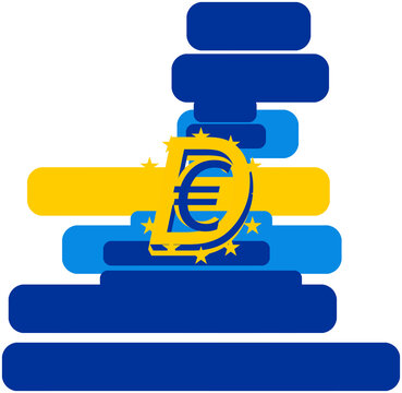 D and EUR as digital Euro, EUR letter bold font weight over smooth shape of the map of Europe as symbol, isolated, creative dark blue, light-blue and yellow and stars