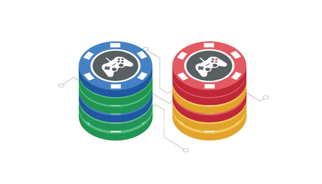 Isometric stacks of colorful casino gaming chips with game controller logo showing blockchain digital gaming assets.
