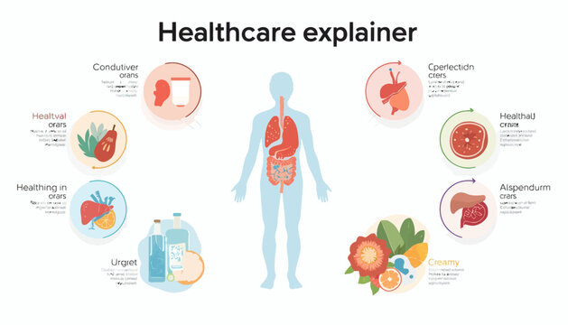 Human anatomy and healthcare explainer infographic with healthy icons