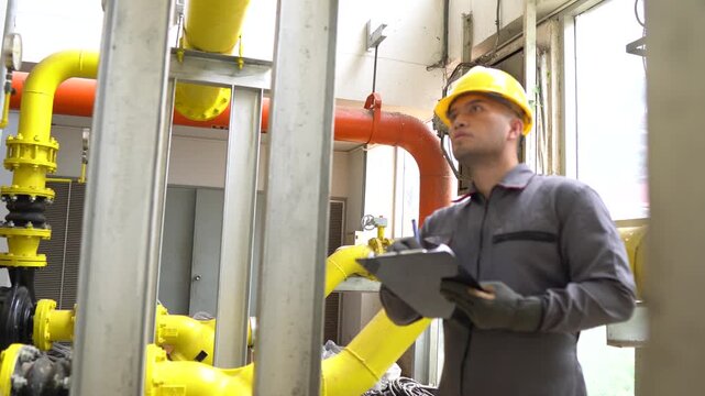 Focused male industrial engineer wearing a yellow hard hat uses a digital tablet while inspecting complex colorful pipeline networks inside a modern manufacturing plant for routine safety.