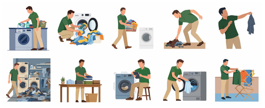 Set of flat illustrations showing a man doing various laundry chores, including washing, drying, folding, and organizing clothes at home