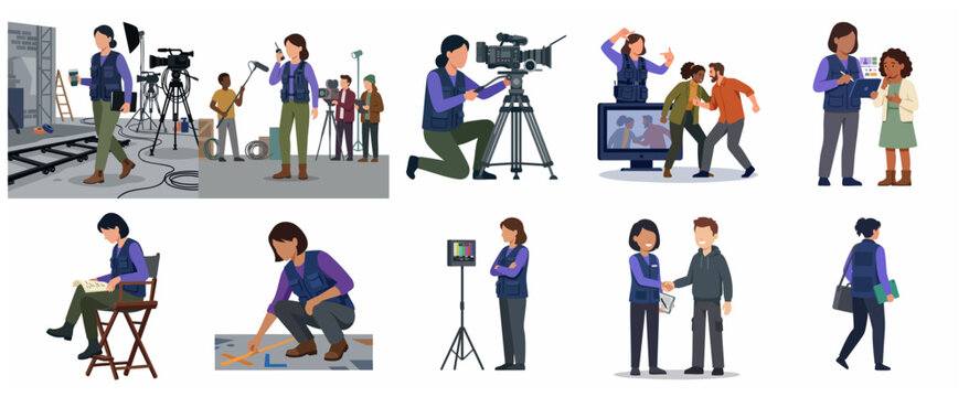 Collection of Professional Film Production Crew and Movie Making Process Illustrations