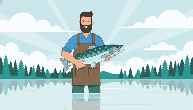 Smiling fisherman wearing a brown apron stands in a calm lake and proudly holds a large freshly caught green salmon.