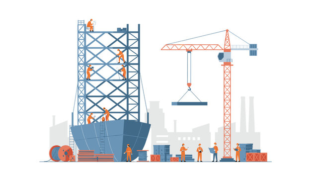 Shipyard construction site with professional workers building a large cargo ship using a crane and scaffolding.