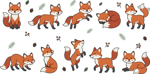 Obraz premium Cute cartoon red fox character vector illustration set with various forest animal poses sleeping jumping walking and autumn pine elements