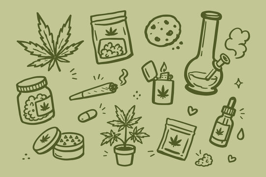 Cannabis Doodle Set Hand Drawn Vector Illustration
