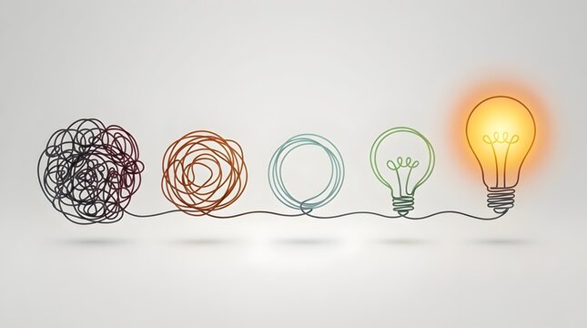 Untangling complex problems concept showing chaotic wire knots transforming into a bright lightbulb idea.