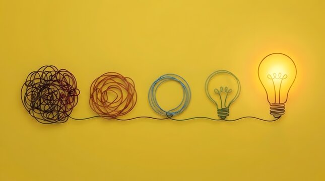 Complex problem solving progression with tangled wire knots simplifying into an illuminated lightbulb on yellow background.