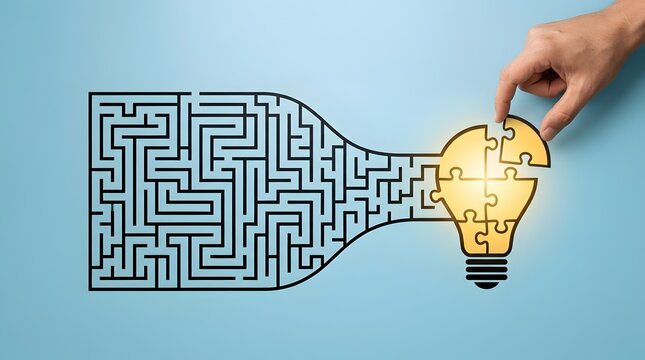 Business problem solving concept with hand assembling lightbulb puzzle emerging from a complex maze structure.