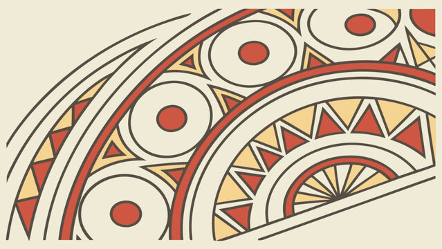 Decorative semi-circle ornament with red and yellow geometric segments ornament semicircle geometric decorative illustration background backdrop symmetrical abstract minimalist structure