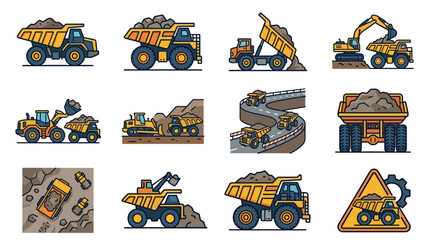 Sleek Colorful Set of Heavy Construction Machinery and Mining Equipment in Action with high quality professional line art symbols for modern creative design and digital branding projects © Kamet