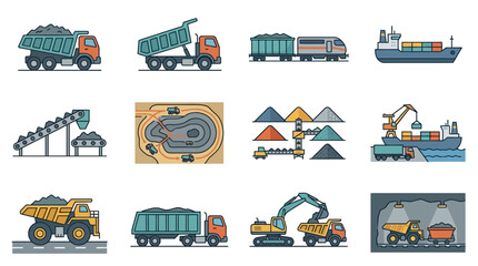 Creative Colorful of Various Heavy Machinery and Mining Equipment in Action with high quality professional line art symbols for modern creative design and digital branding projects © Kamet