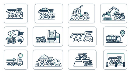 Professional Line Set of 12 Construction and Mining Equipment Vehicles in Monochromatic Blue Gray © Kamet