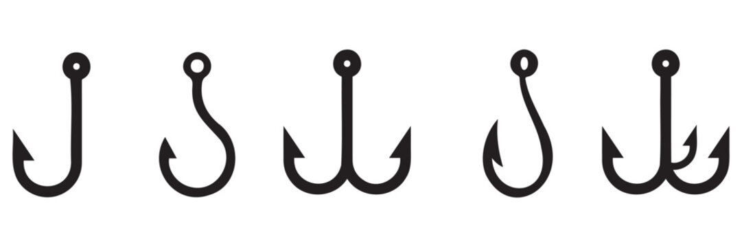Fishing Hook Icon Set Vector, Silhouette Angling Hooks for Fishing Equipment, Outdoor Sports
 and Logo Design
