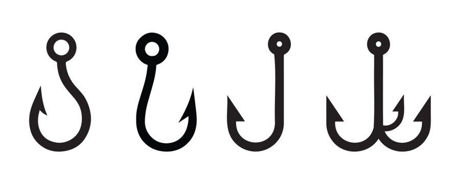 Fishing Hook Icon Set Vector, Silhouette Angling Hooks for Fishing Equipment, Outdoor Sports
 and Logo Design