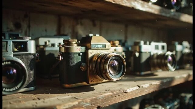 Vintage SLR Cameras Lined Up on Dusty Wooden Shelf, Retro Photography Collection