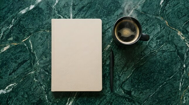 blank notebook cover with coffee cup on green marble desk 