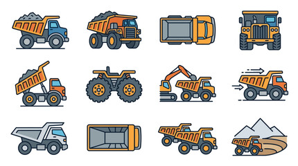 Clean Illustrated Collection of Dump Trucks and Heavy Construction Vehicles in Orange Gray and Blue © Kamet
