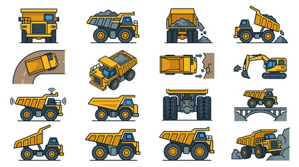 Creative Set of Vibrant Yellow and Gray Construction Dump Trucks and Heavy Machinery in Action with high quality professional line art symbols for modern creative design and digital branding projects © Kamet