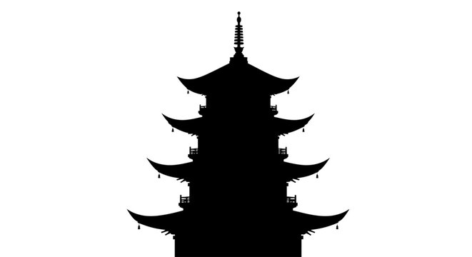 Minimalist Silhouette of a Traditional Multi-Story Asian Pagoda Tower Isolated on a Clean White Background for Architectural Design