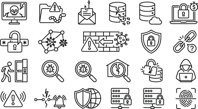 Cyber security data breach and hacker malware threat line icon set featuring ransomware phishing email virus firewall and server network vulnerabilities