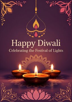 Happy diwali greeting card with traditional oil lamps and lotus flower design