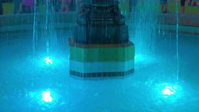 Victoria, BC, Canada &ndash; July 2, 2026: Close up of illuminated Legislative Assembly fountain at night
