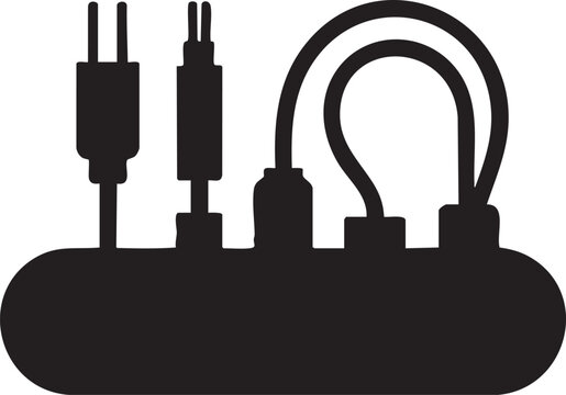 A black silhouette of an audio adapter with multiple connectors and cables