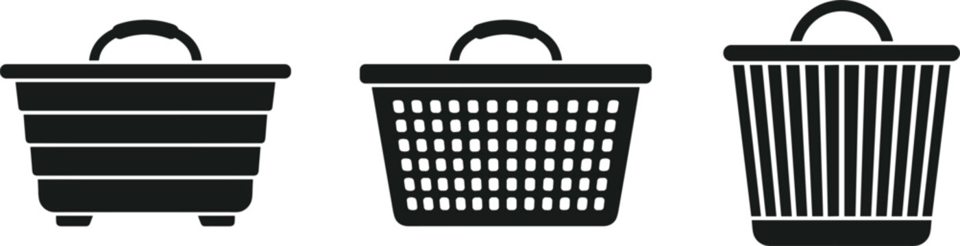 Plastic laundry basket silhouette vector set featuring household storage hampers and shopping bins isolated on white background