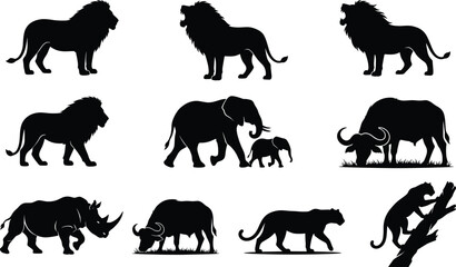 Black Silhouette Icon Set of African Wildlife Including Lions, Elephants, Buffalo, Rhino, and Leopards © MdMenhajul