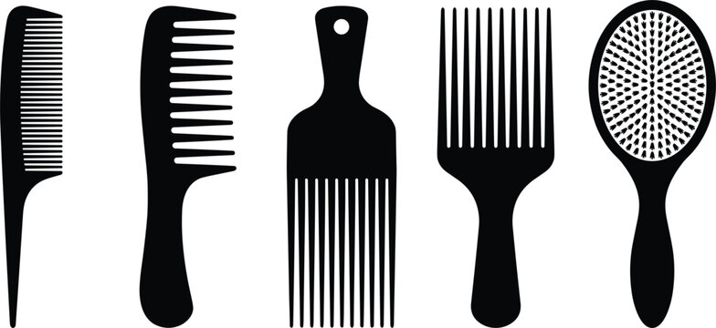 Hair comb and brush silhouette vector set featuring fine wide tooth combs afro pick and paddle brush