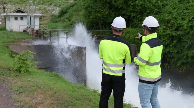 Two professional male environmental engineers wearing hard hats inspect rushing water at a dam spillway while reviewing documents for public infrastructure safety and sustainable management.