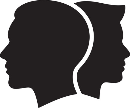 Split personality concept with two human heads side by side in black silhouette