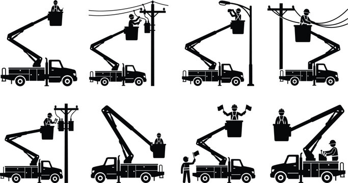 Bucket truck and utility lineman silhouettes set repairing power lines and street lights vector illustrations