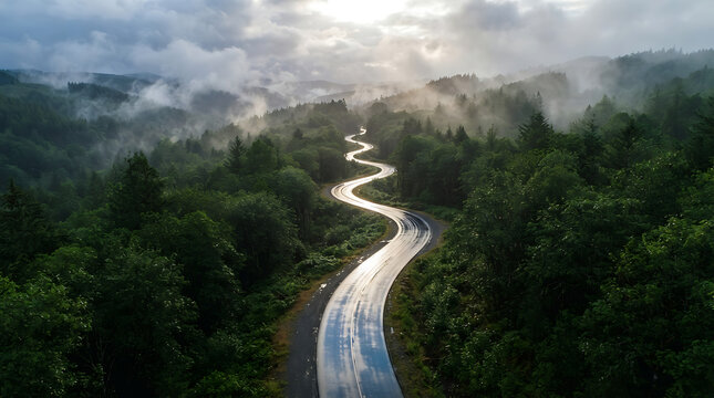 Winding road through foggy mountain forest, aerial view mountain road