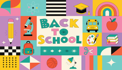 Naklejka premium Back to School Education Banner with Colorful School Supplies and Classroom Icons Illustration