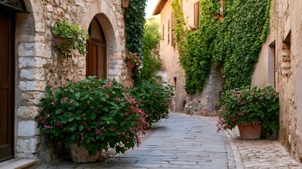 Naklejka premium Narrow stone alleyway lined with potted flowering plants and ivy covered walls near arched doorways under natural daylight
